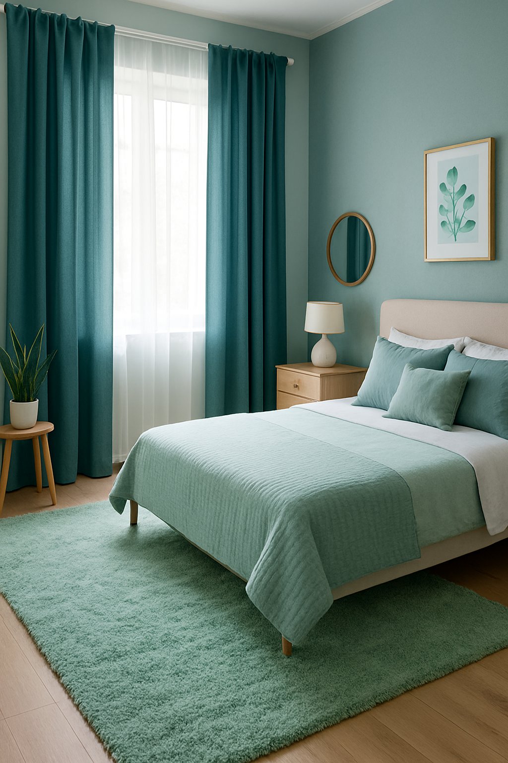 Teal curtains drape over a window, while mint green rugs cover the floor in a serene blue and green bedroom
