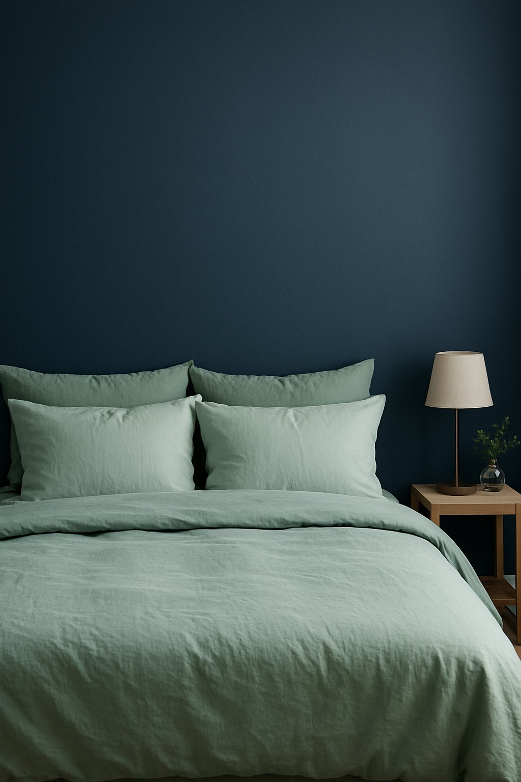 A navy blue accent wall contrasts with soft green bedding in a tranquil blue and green themed bedroom setting