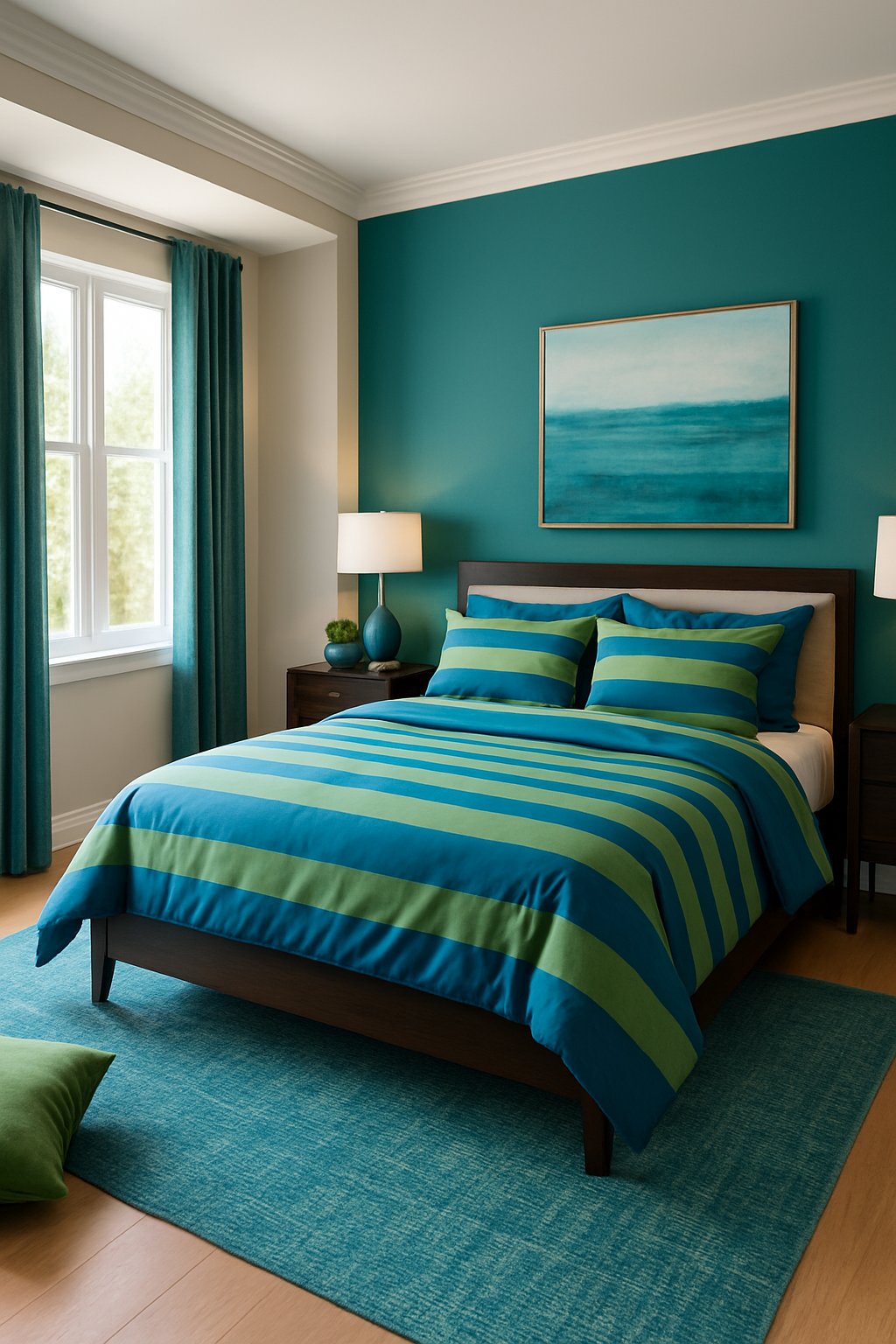 A luxurious and modern bedroom with blue and green striped bedding, surrounded by blue and green bedroom ideas