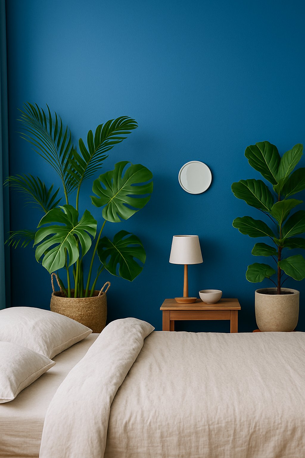 Lush green plants contrast against a vibrant cobalt blue wall in a serene bedroom setting
