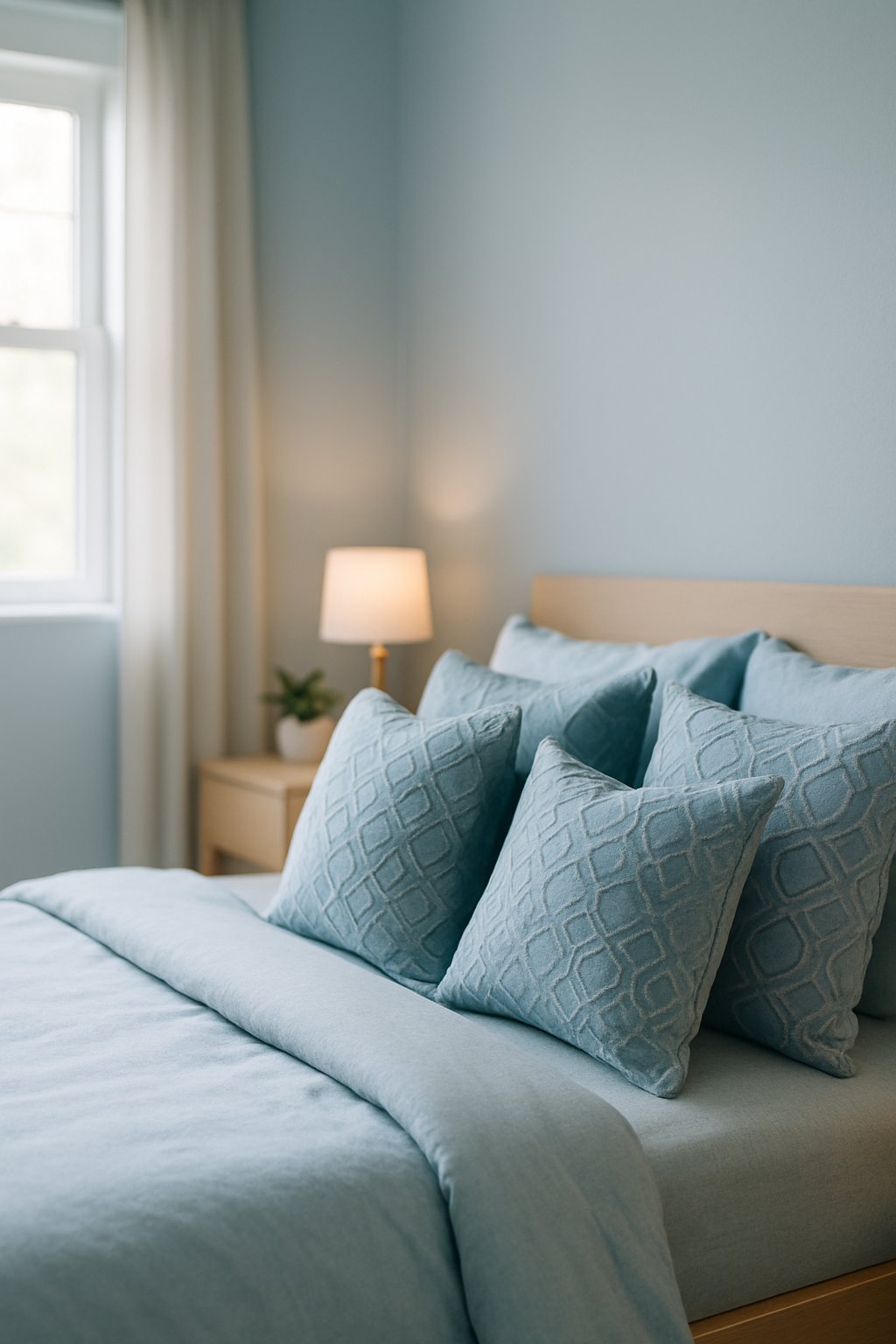 Sky blue throw pillows with geometric patterns adorn a cozy light blue bedroom