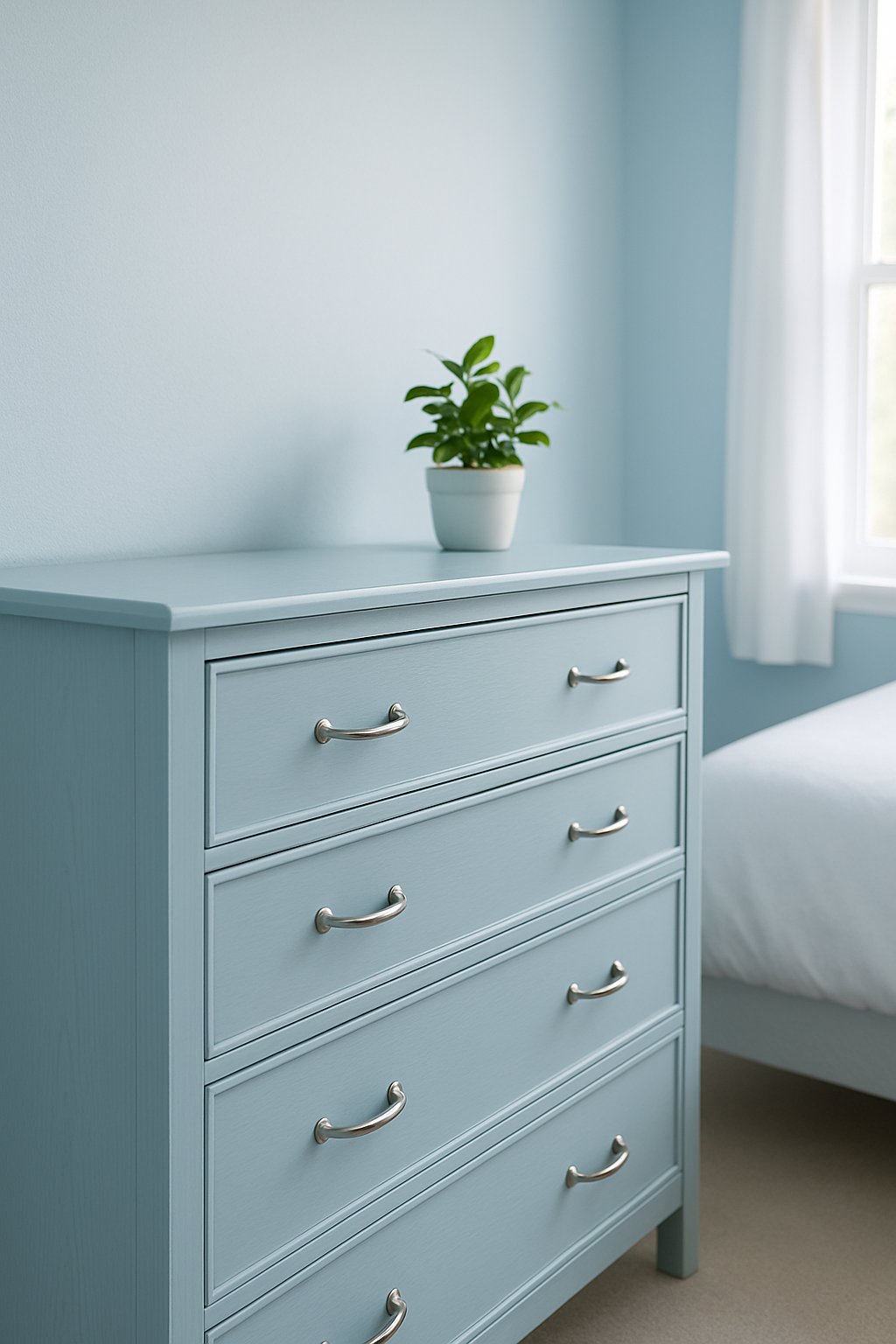 A pale blue wooden dresser stands in a light blue bedroom