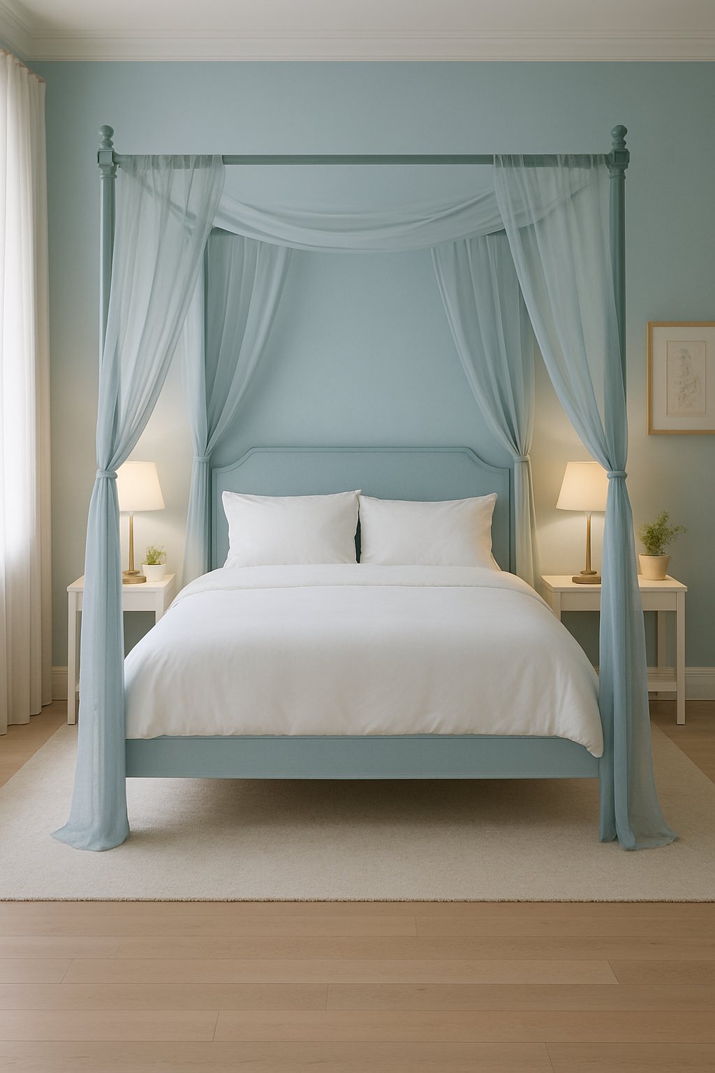 A light blue canopy bed sits in a serene light blue bedroom, surrounded by calming decor and soft lighting