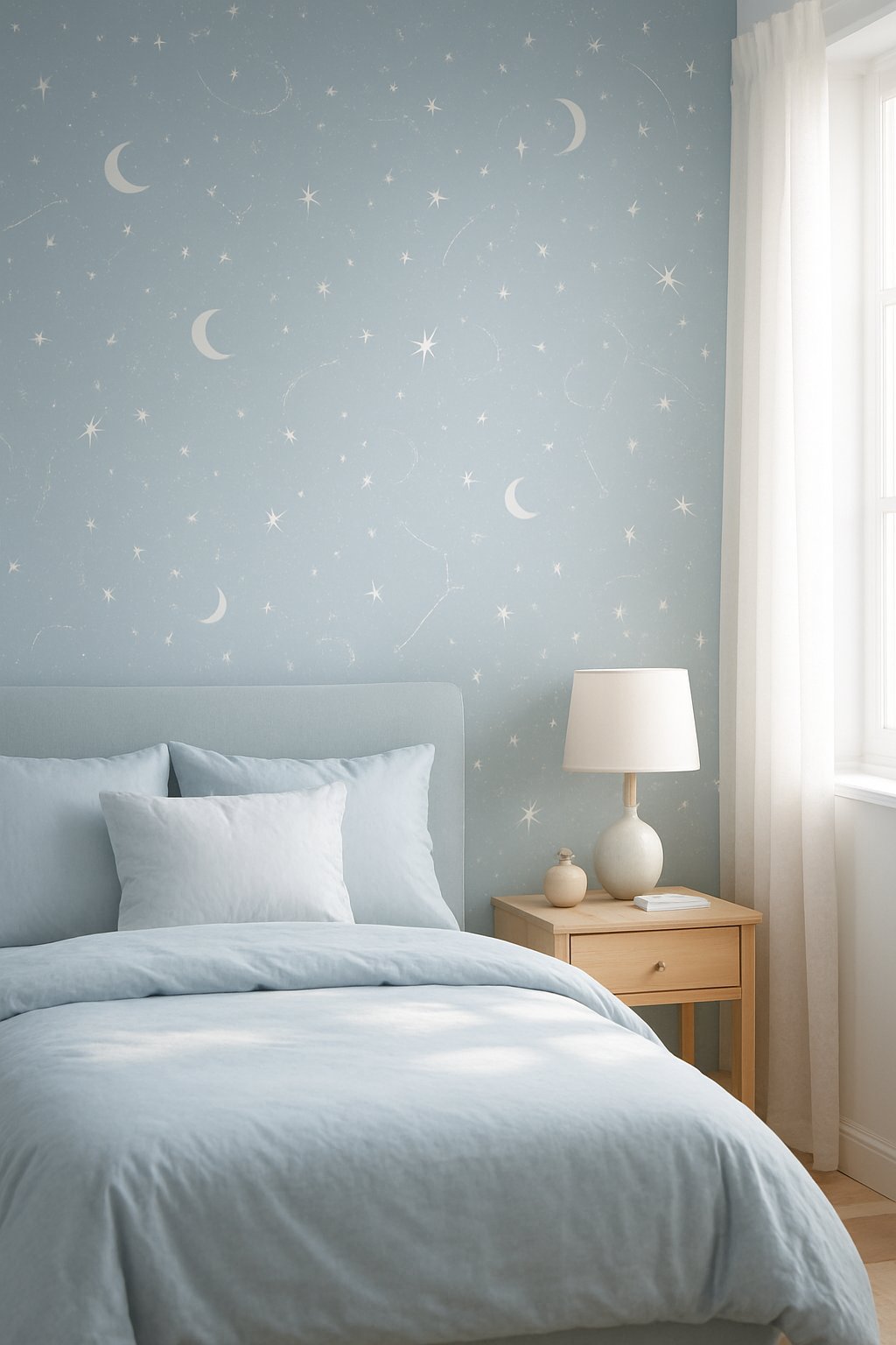 A bedroom with celestial-themed light blue wallpaper, featuring light blue bedroom