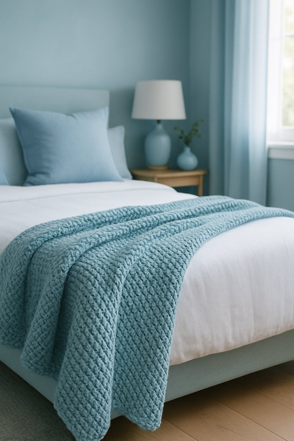 A cozy light blue knitted throw blanket draped over a bed in a serene bedroom with soft blue decor and warm natural light filtering in through the window