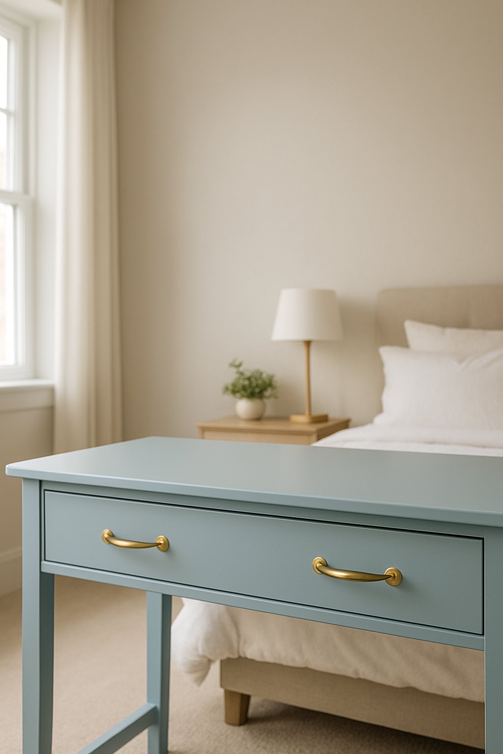 A light blue desk with brass handles in a serene bedroom