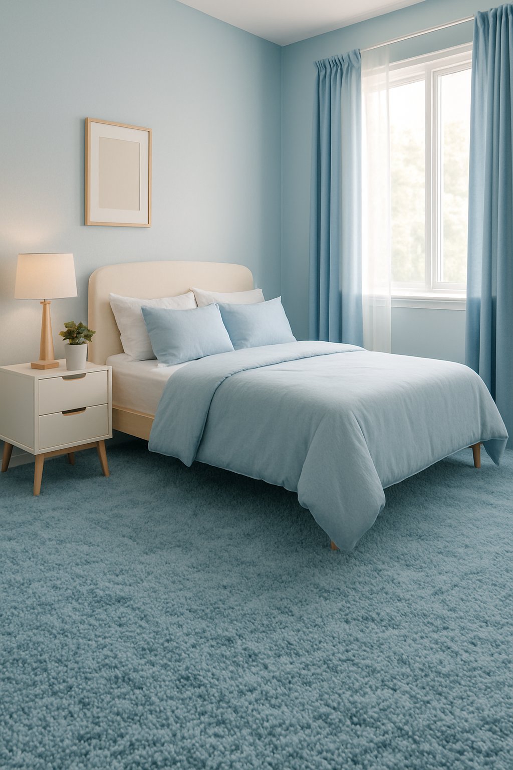 A powder blue shag carpet fills a light blue themed bedroom