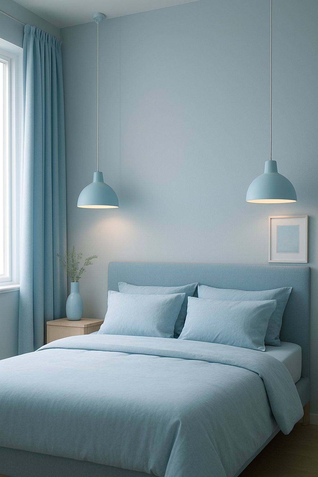 Light blue pendant lighting illuminates a serene light blue themed bedroom