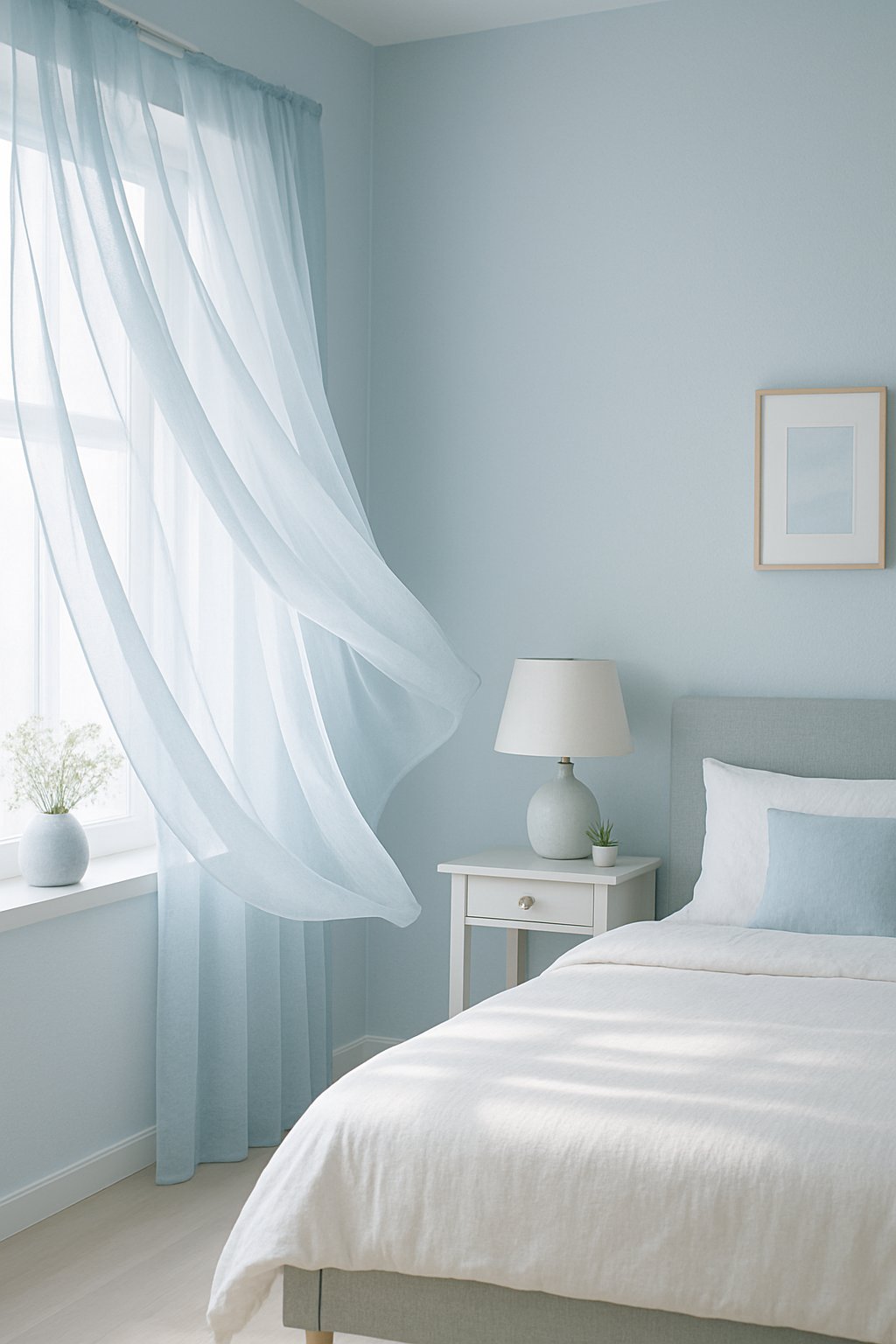 Icy blue sheer drapes billow in a serene, light blue bedroom