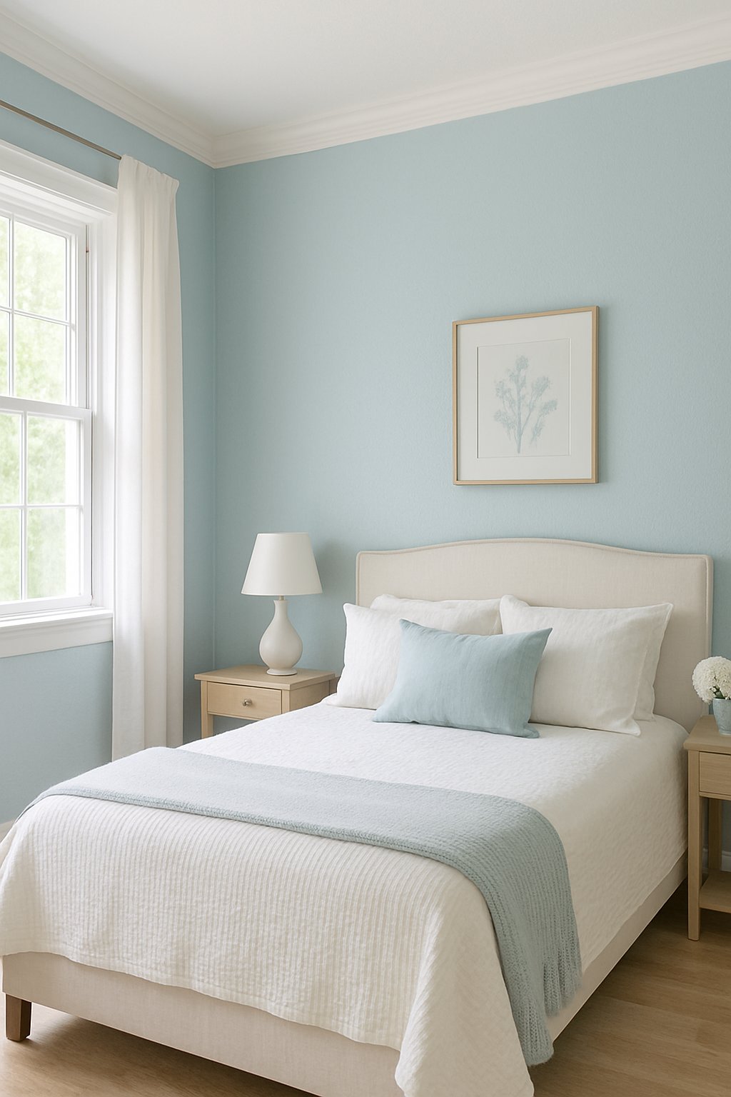 Soft pastel blue walls with white trim create a calming atmosphere in a light blue bedroom