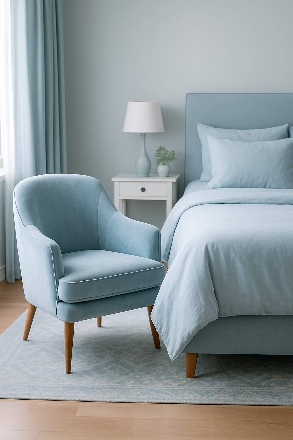 A light blue velvet armchair sits in a serene light blue bedroom