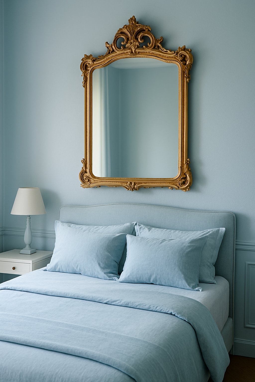 A light blue and gold-framed mirror hangs above a bed in a light blue bedroom