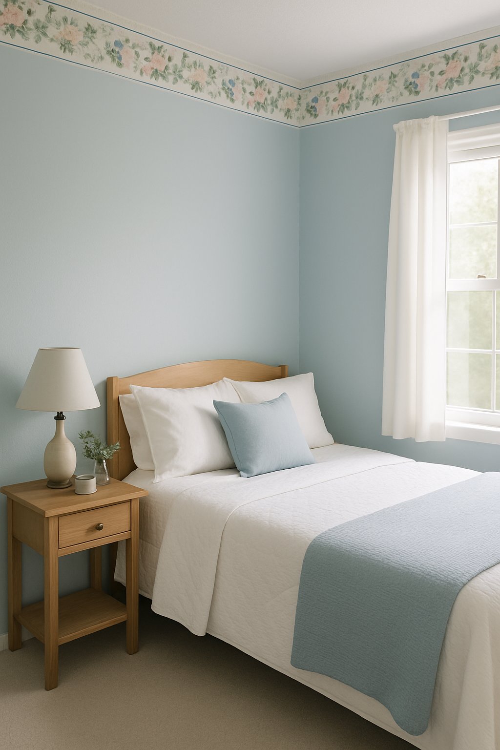 A light blue bedroom with a floral wallpaper border