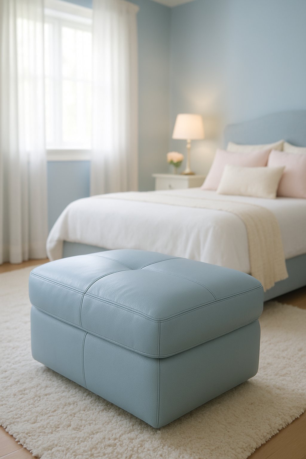 A light blue leather ottoman sits in the center of a serene, light blue bedroom, surrounded by soft, pastel decor and a cozy atmosphere