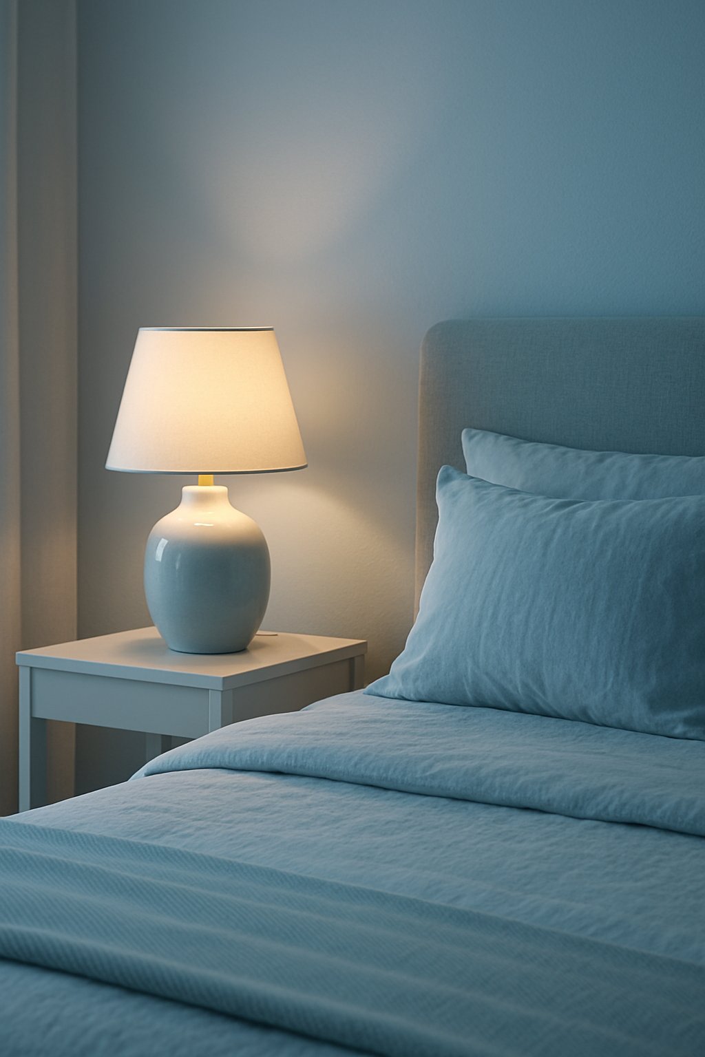 A light blue ceramic bedside lamp illuminates a serene light blue bedroom, creating a calming and peaceful atmosphere