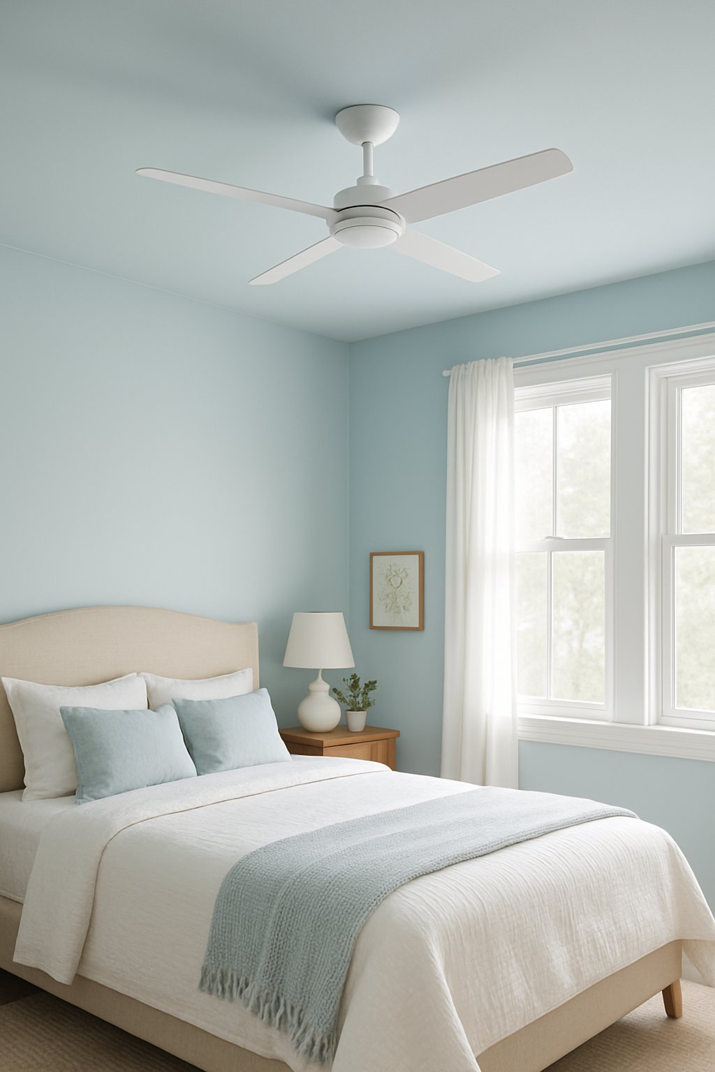 A light blue ceiling with a white fan in a serene bedroom setting