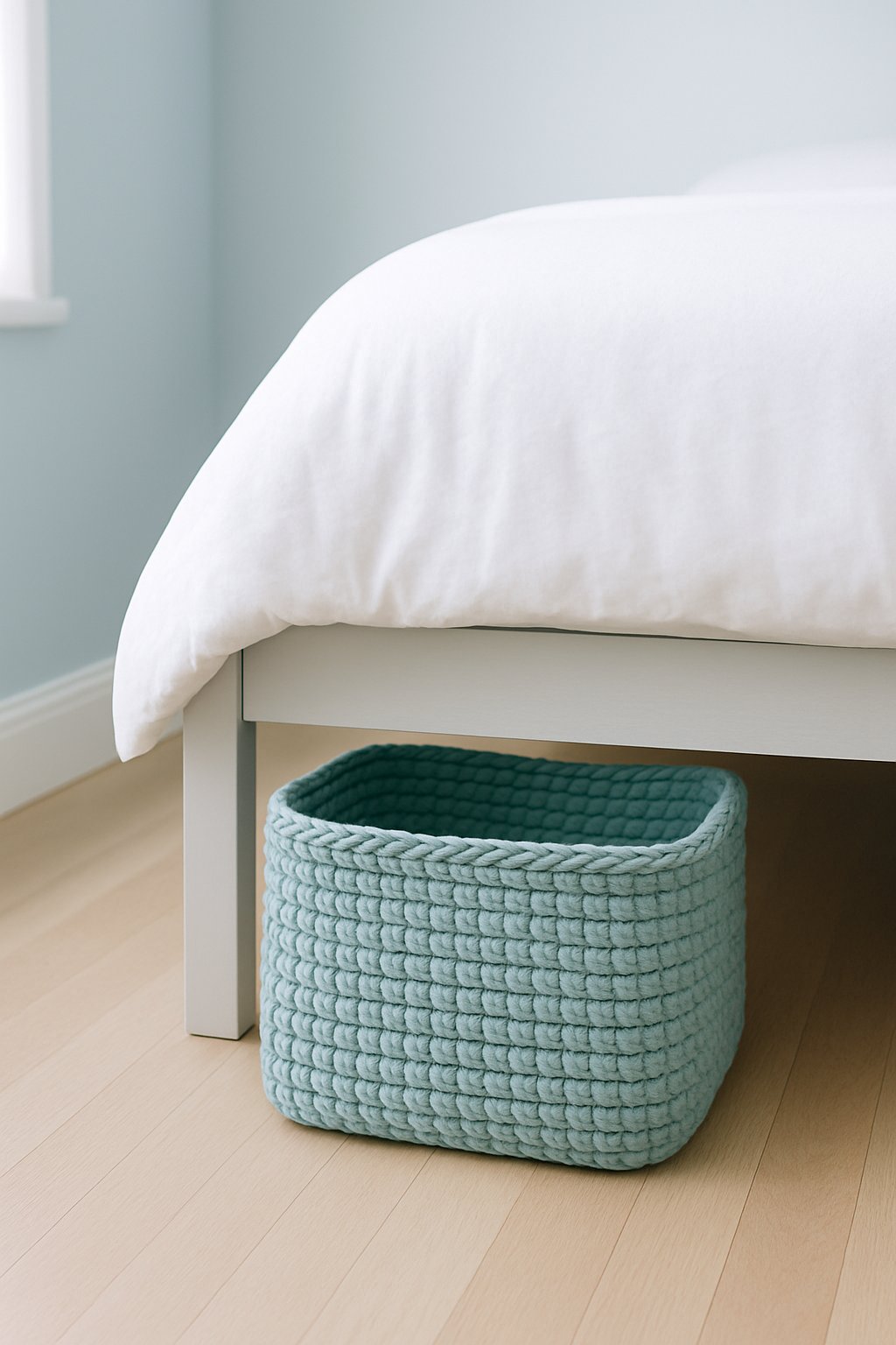 A soft aqua blue woven basket sits in a light blue bedroom below bed
