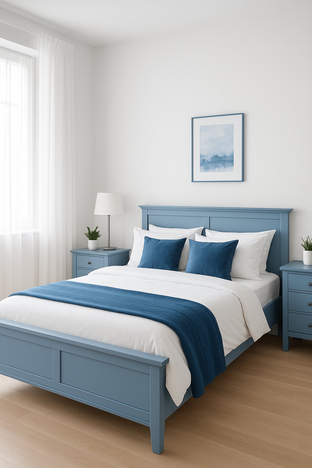 A white and blue bedroom with sky blue painted furniture