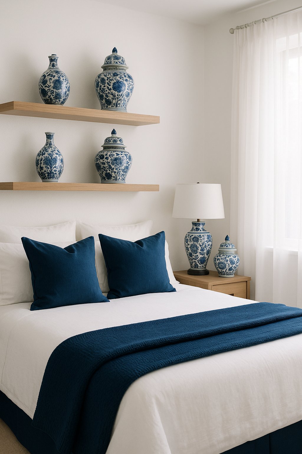 white and blue bedroom featuring Blue and white porcelain vases