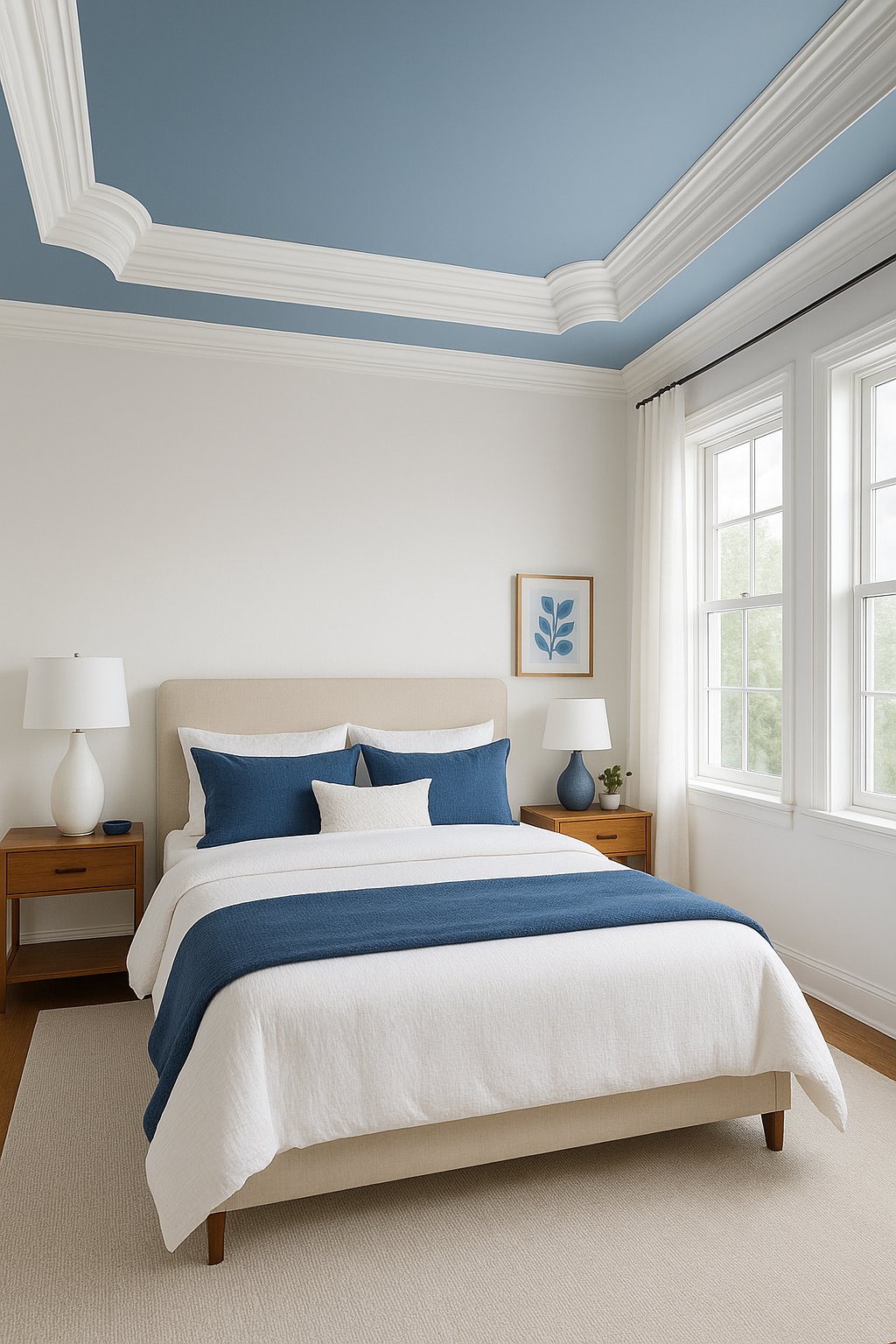 A blue-painted ceiling with white crown molding in a serene bedroom setting