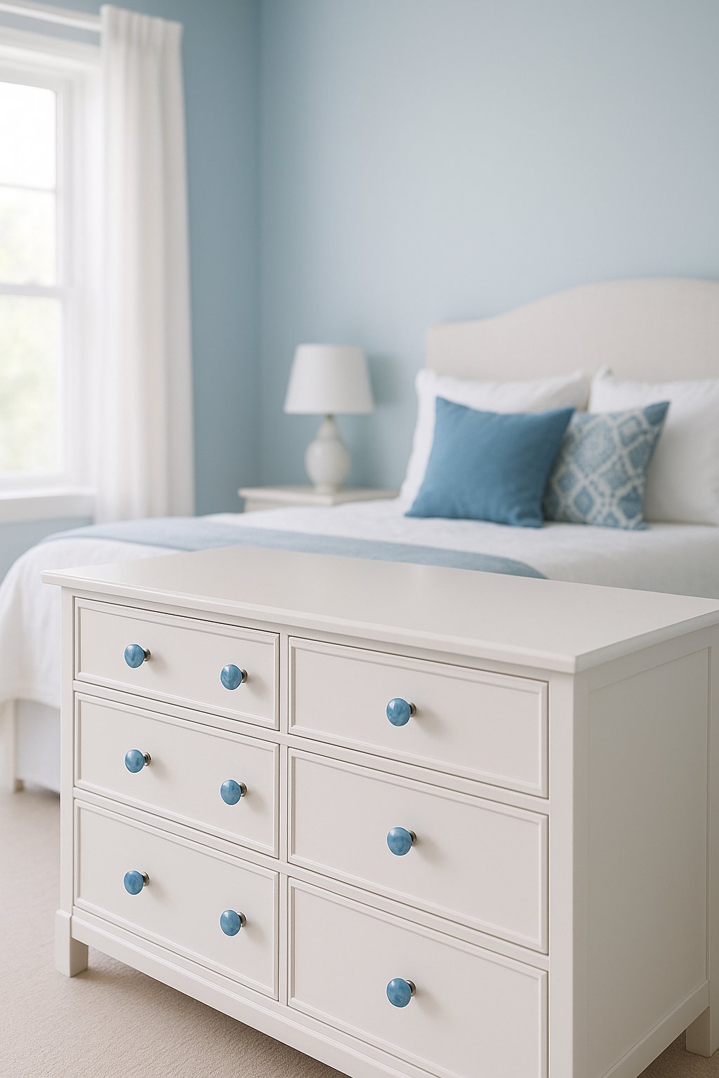 A white dresser with blue knobs sits in a serene bedroom with white and blue decor