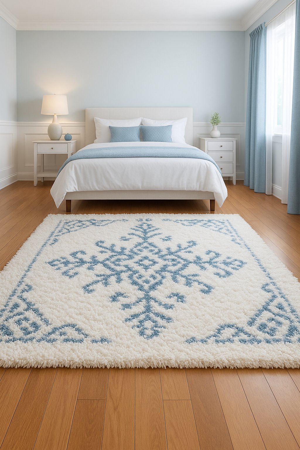 A white shag rug with blue patterns, surrounded by white and blue bedroom