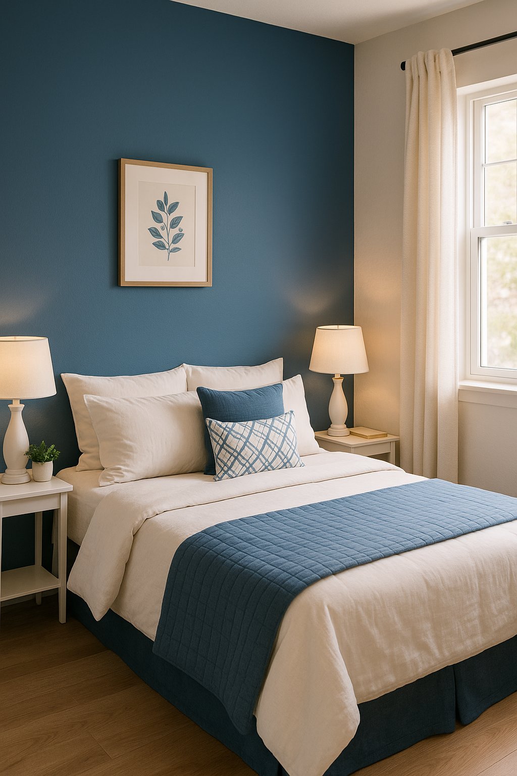 A cozy bedroom with a blue accent wall behind the bed, featuring a mix of white and blue decor