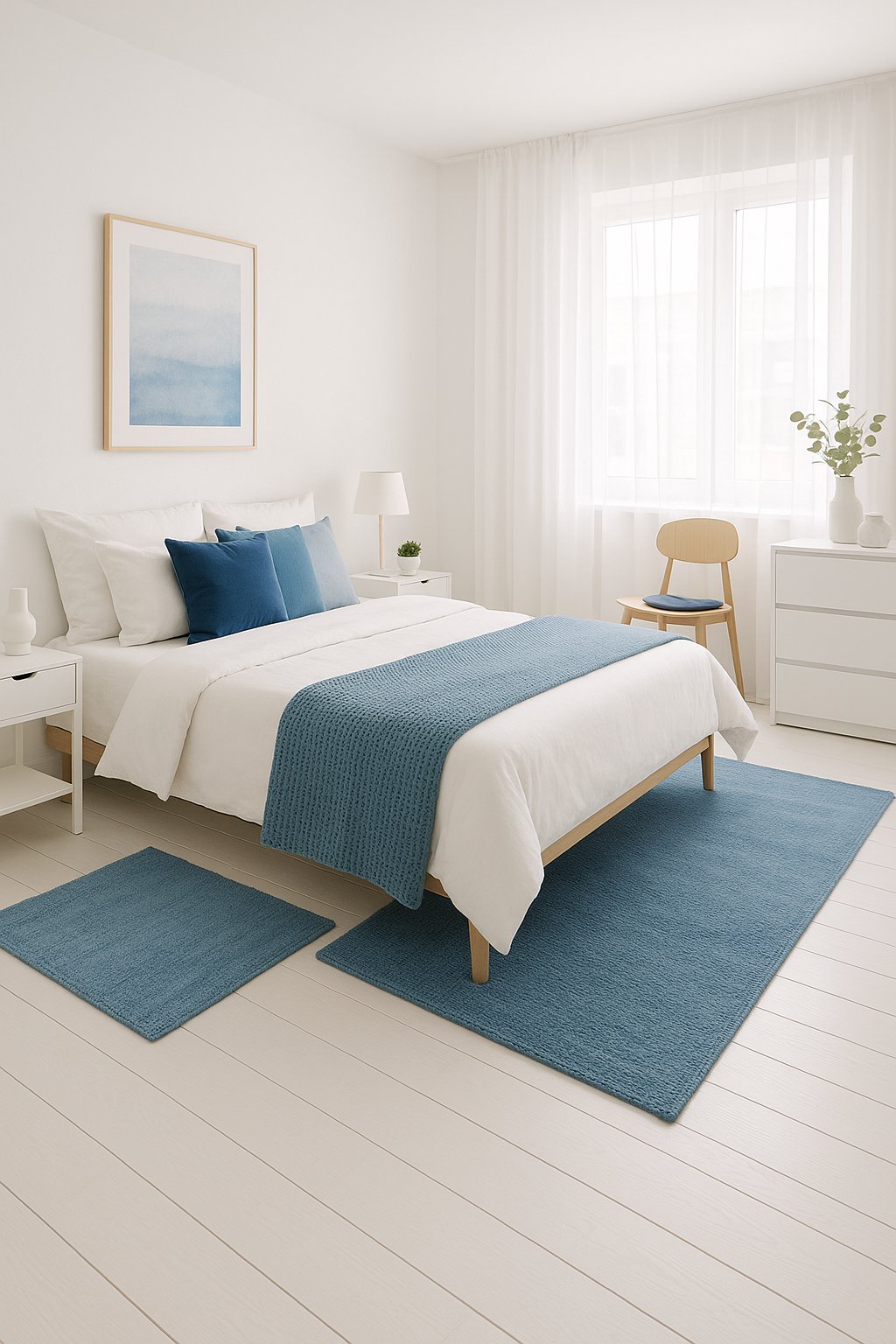 A white bedroom with blue rugs on white wood floors