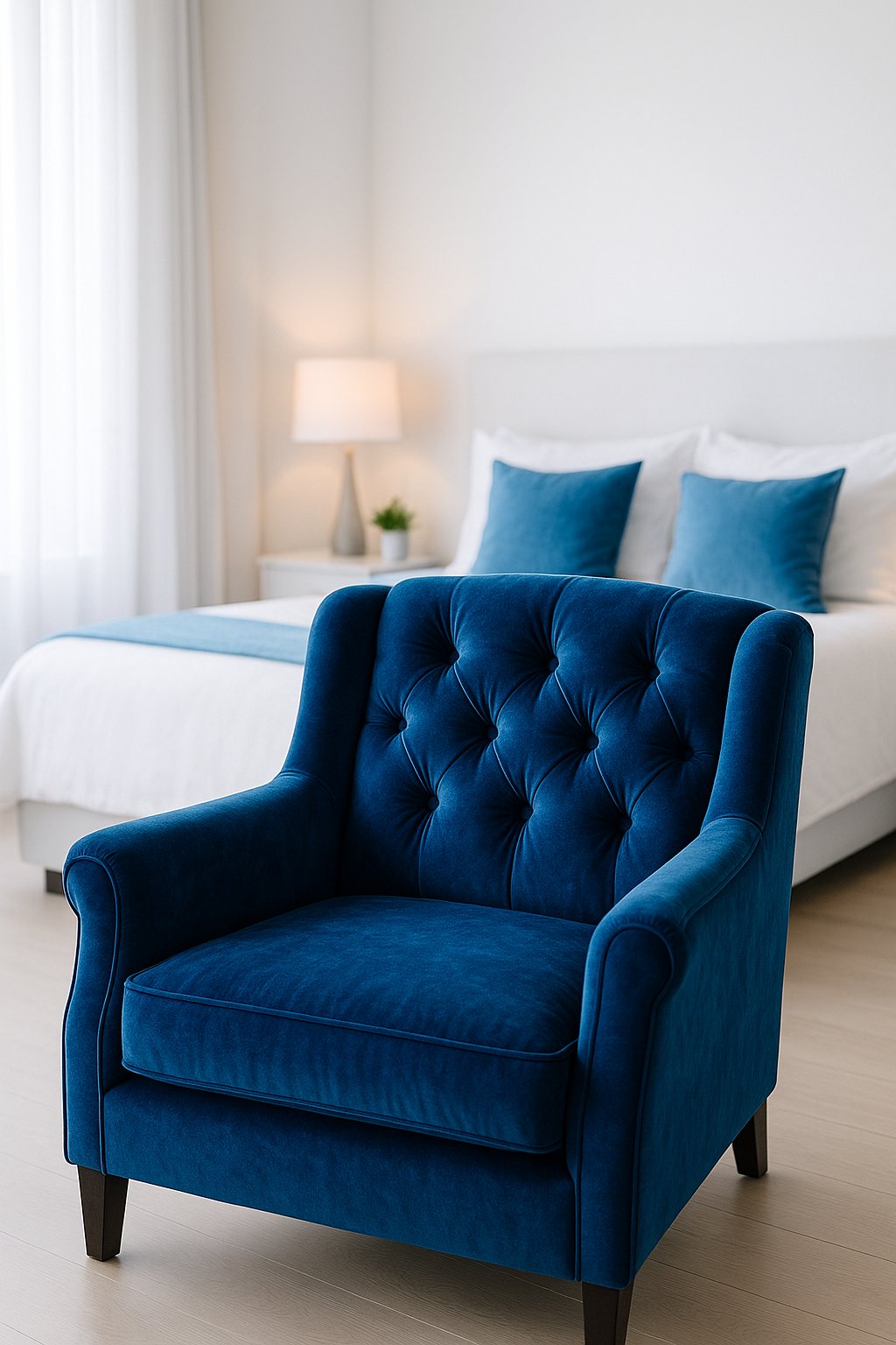 A blue velvet armchair sits in a white and blue bedroom, surrounded by serene decor and soft lighting