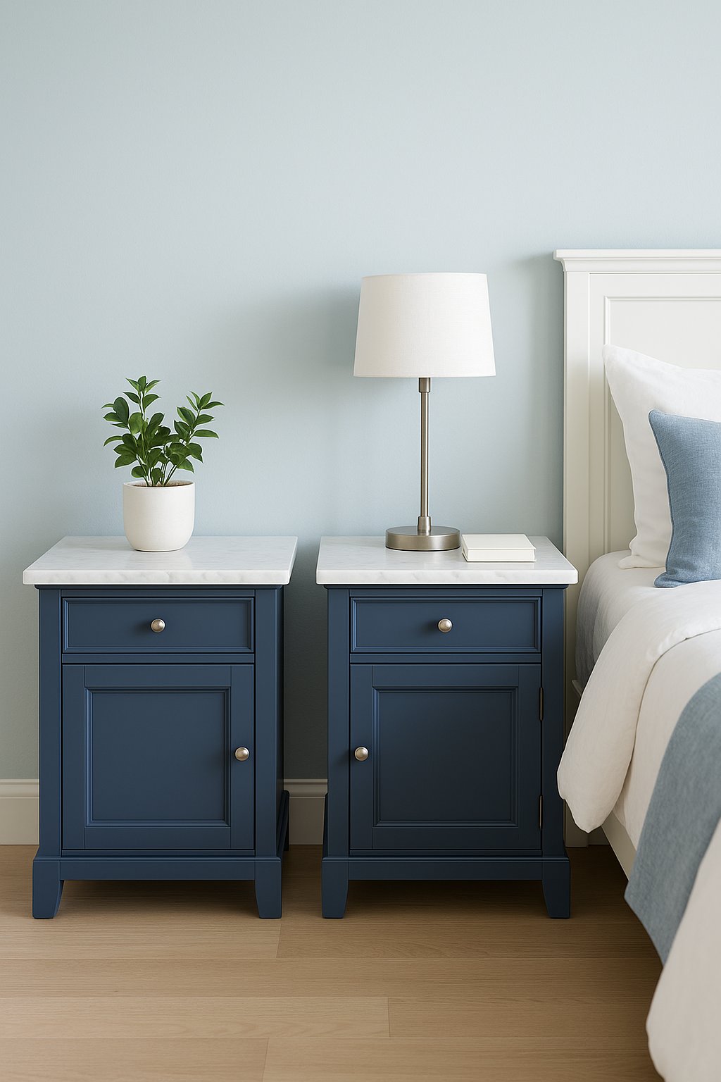 Two white marble topped blue nightstands in a serene blue and white bedroom