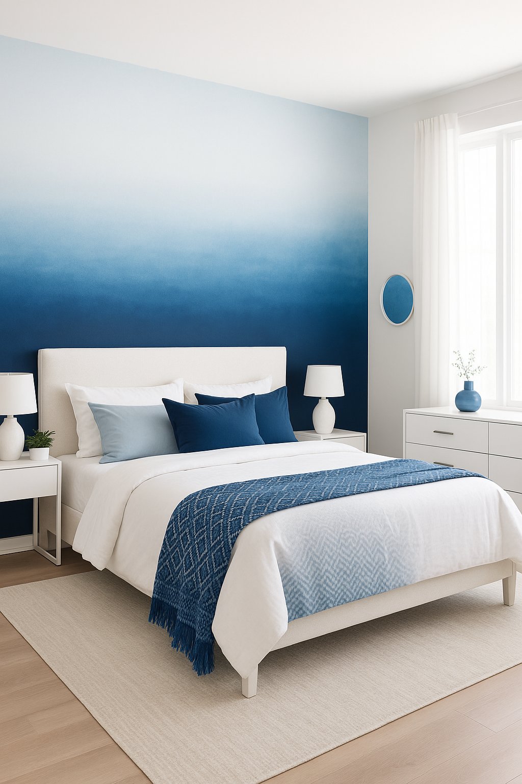 A blue and white bedroom with a blue ombre wall and white and blue decor