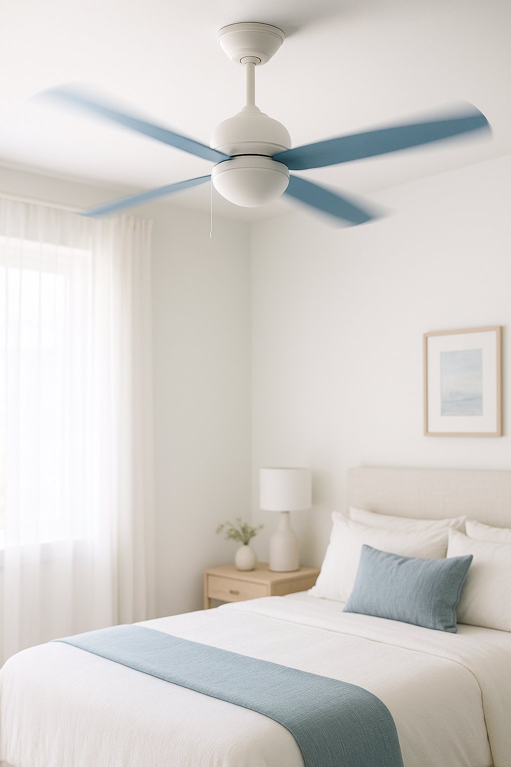 A white ceiling fan with blue blades spins in a serene white and blue bedroom