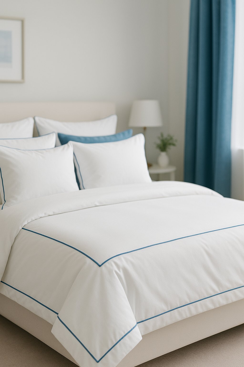 White bedding with blue piping on a neatly made bed in a serene bedroom