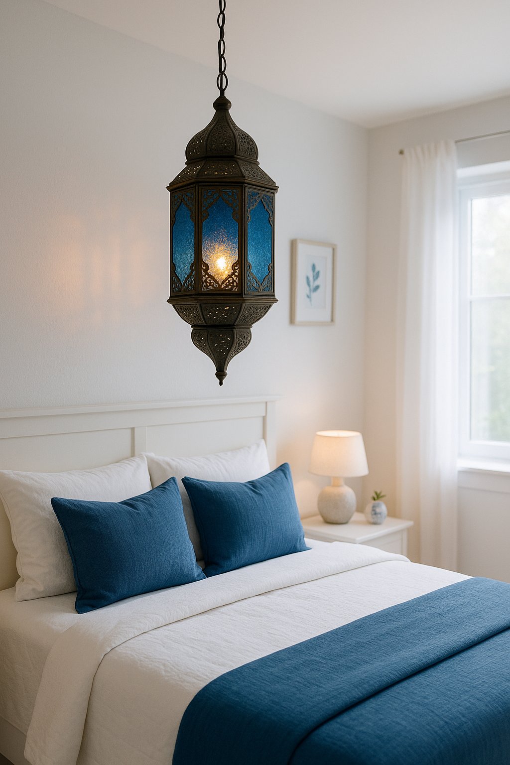 A blue Moroccan lantern illuminates a serene white and blue bedroom