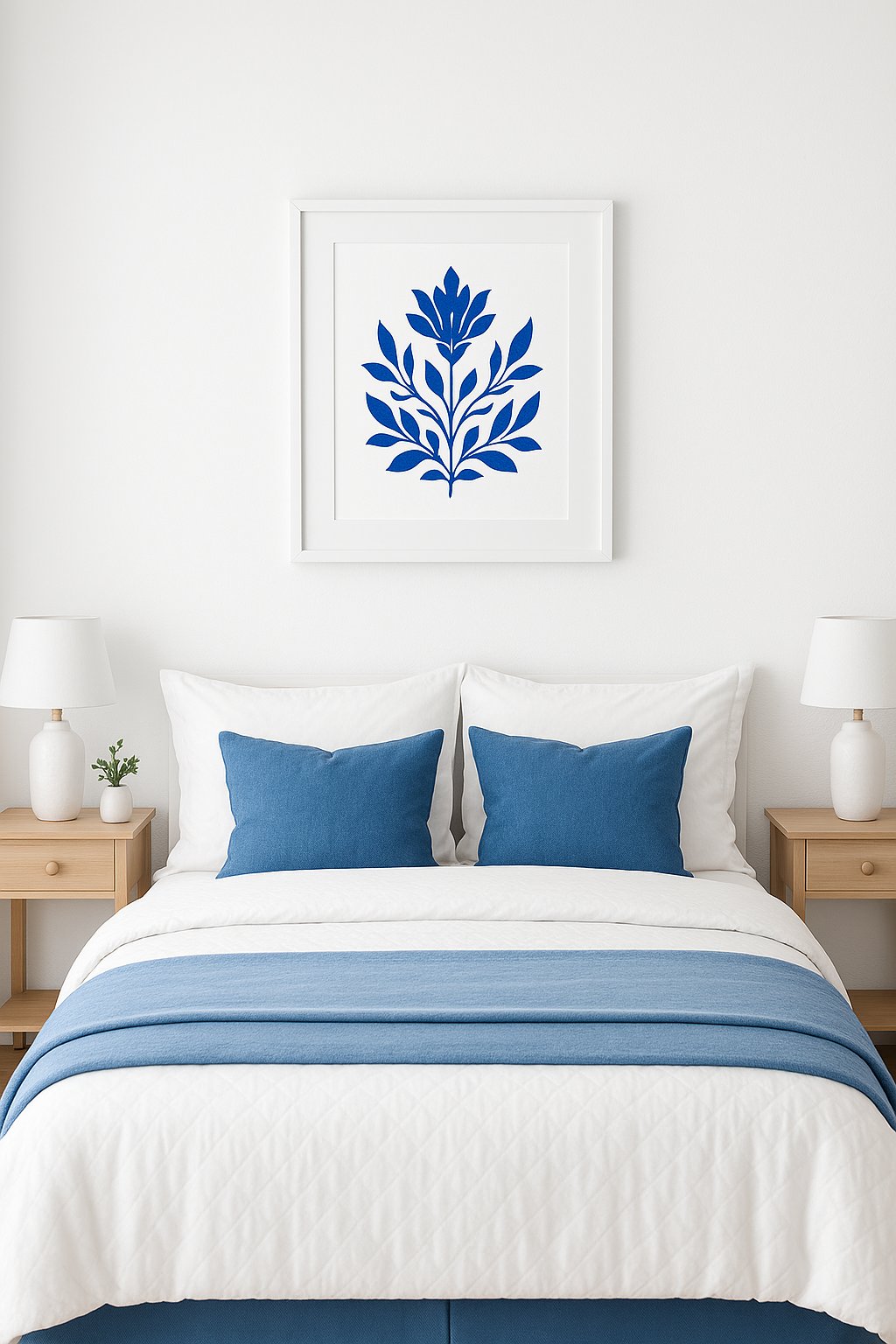 A white-framed blue art print hangs above a bed in a white and blue themed bedroom