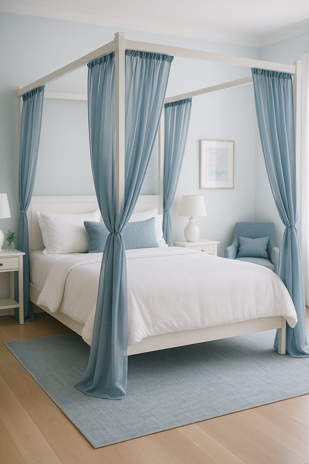 A white canopy bed with blue drapes in a serene bedroom