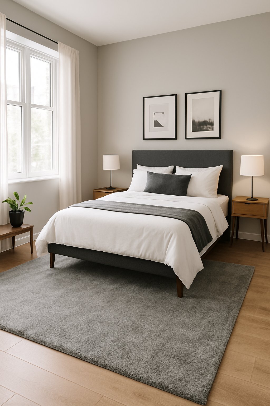 A beautiful well lit men bedroom featuring Soft gray area rug