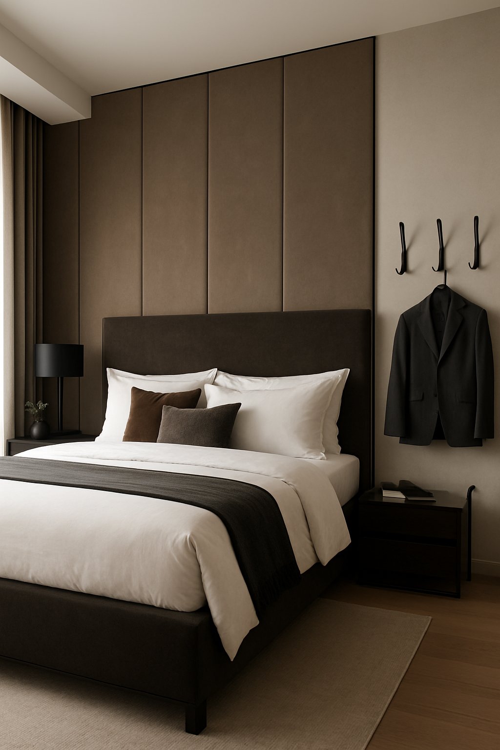 beautiful and modern, luxurious men bedroom featuring Wall hooks made of matte black metal on right side wall on right side of bed headboard