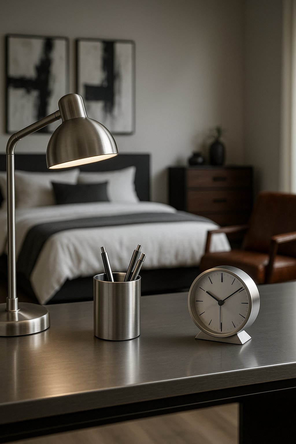 A sleek desk adorned with metallic accessories, set against a backdrop of modern men's bedroom decor
