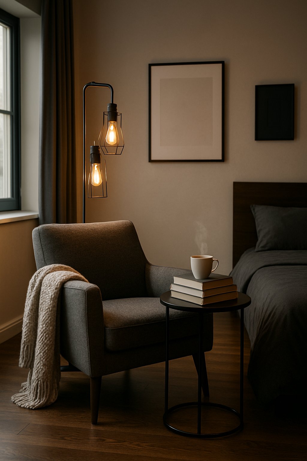 A cozy reading nook with an industrial floor lamp in a men's bedroom