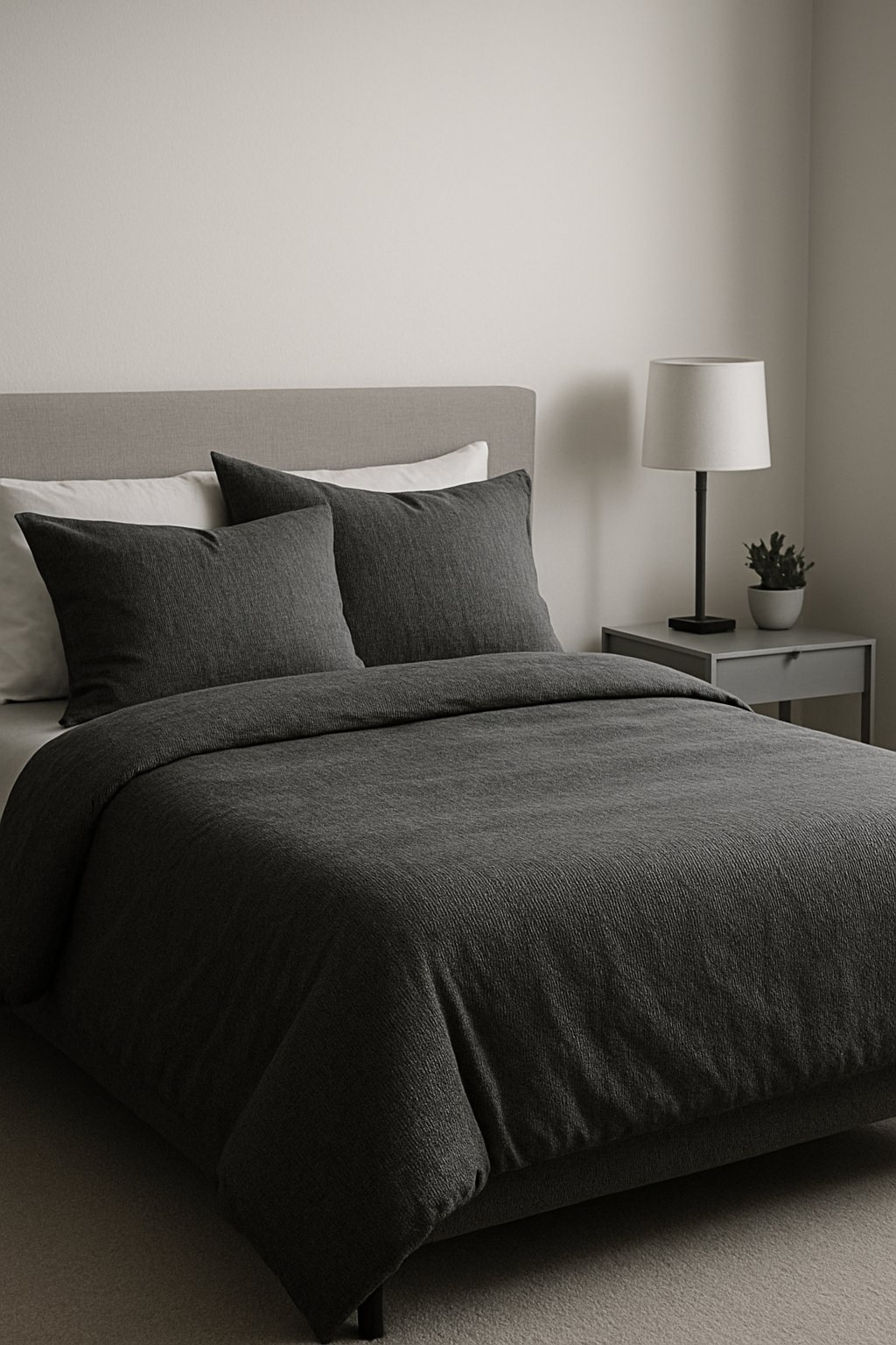 A monochrome bed with textured bedding in a minimalist men's bedroom