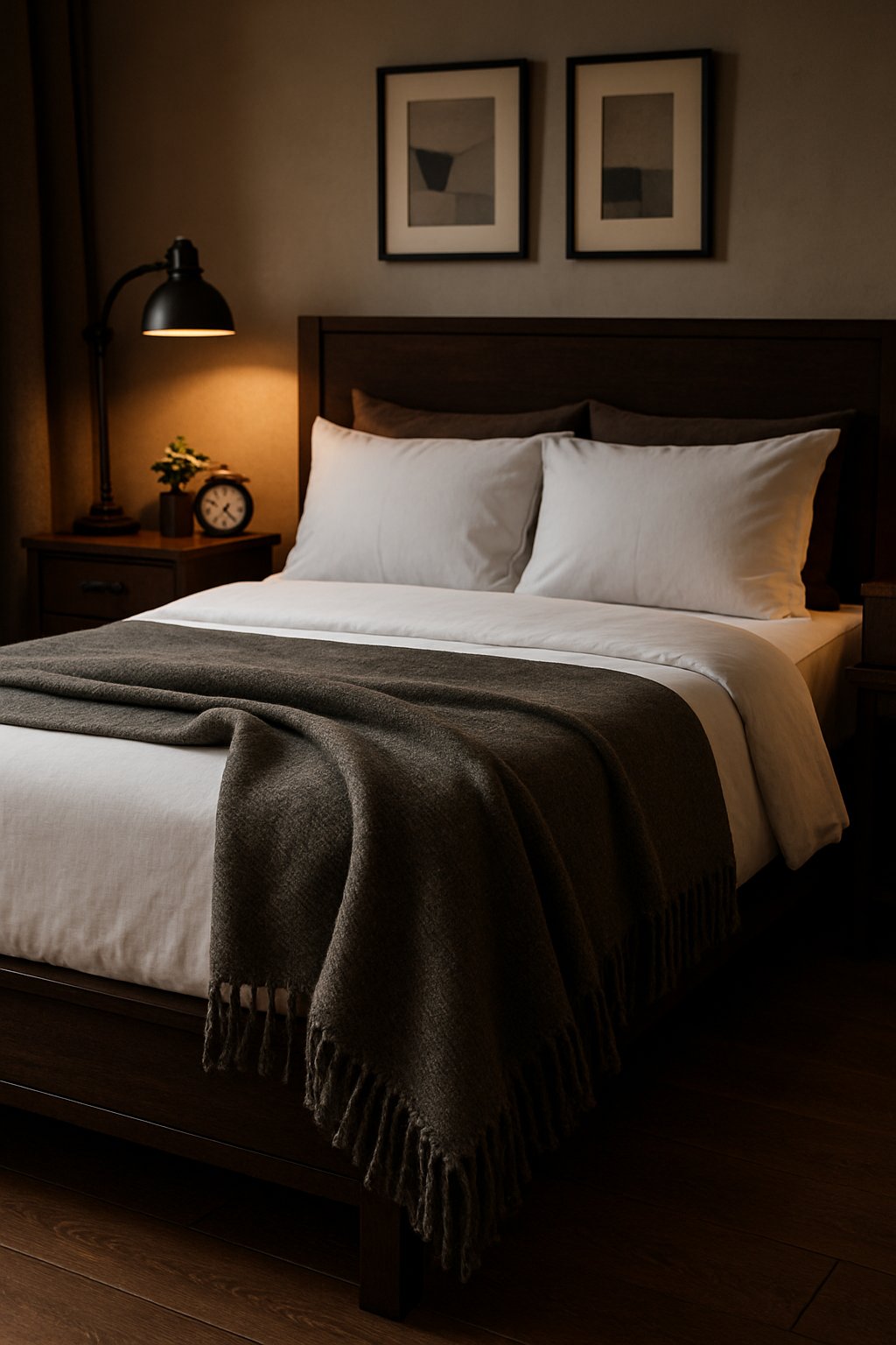 A cozy bedroom with a textured wool throw blanket draped over a neatly made bed, surrounded by masculine decor and warm lighting