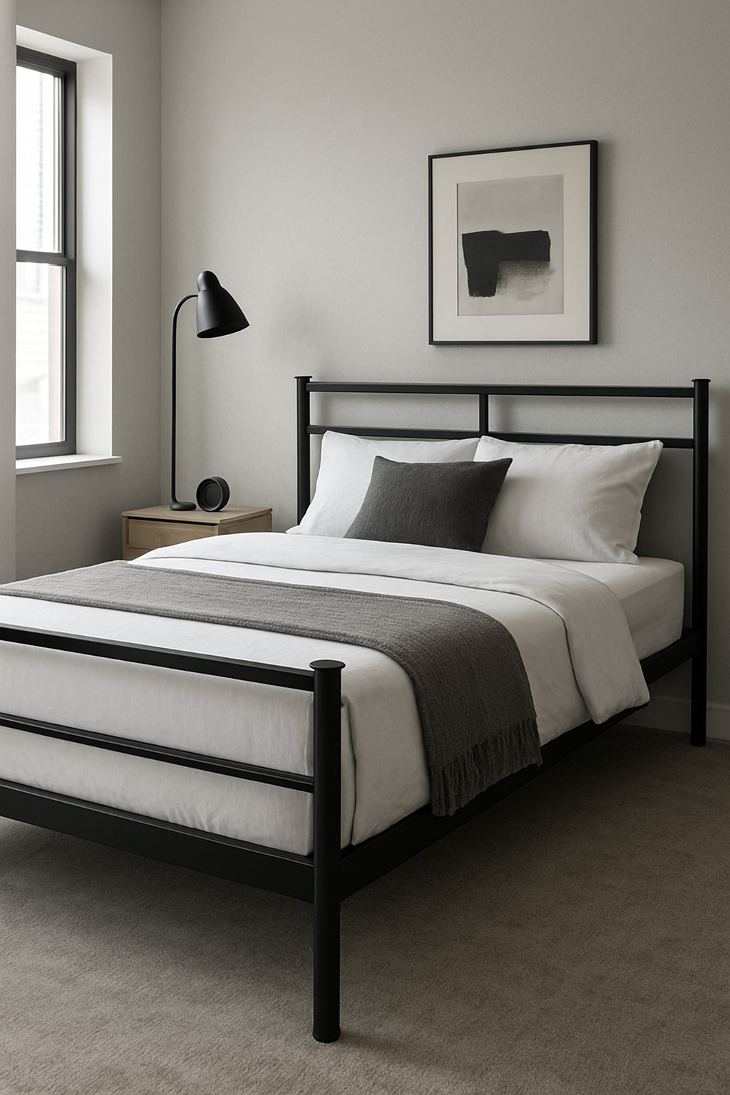 A sleek black metal bed frame in a minimalist men's bedroom with modern decor