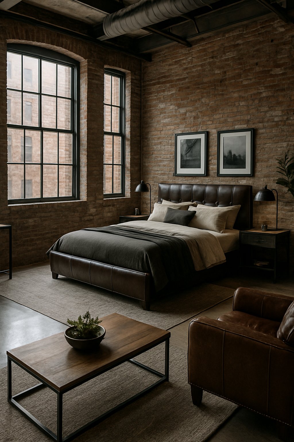 An industrial loft with exposed brick walls in a luxurious men bedroom