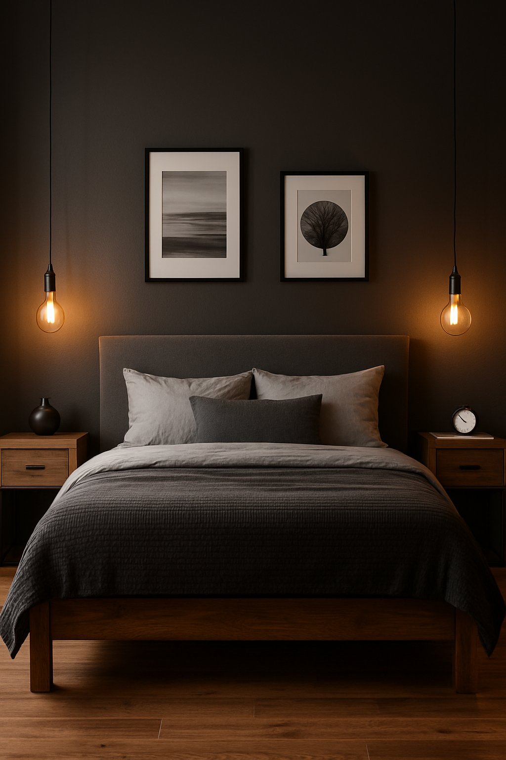 well lit and decorated men bedroom featuring Edison bulb pendant lights on top of side tables