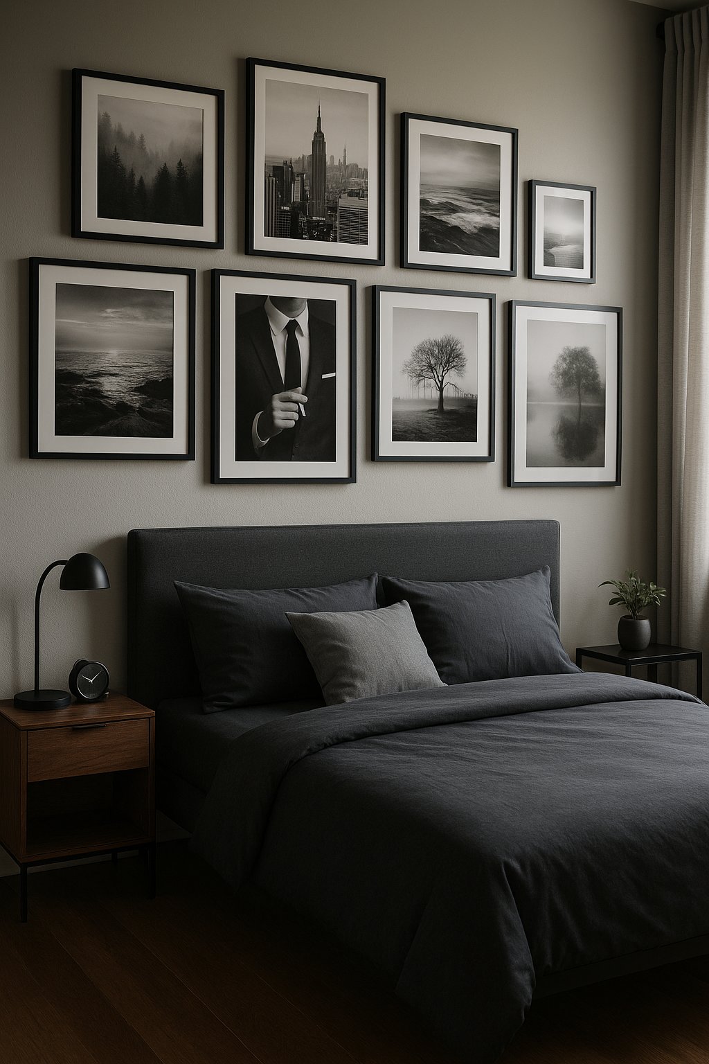 men bedroom featuring Gallery wall with black and white photography