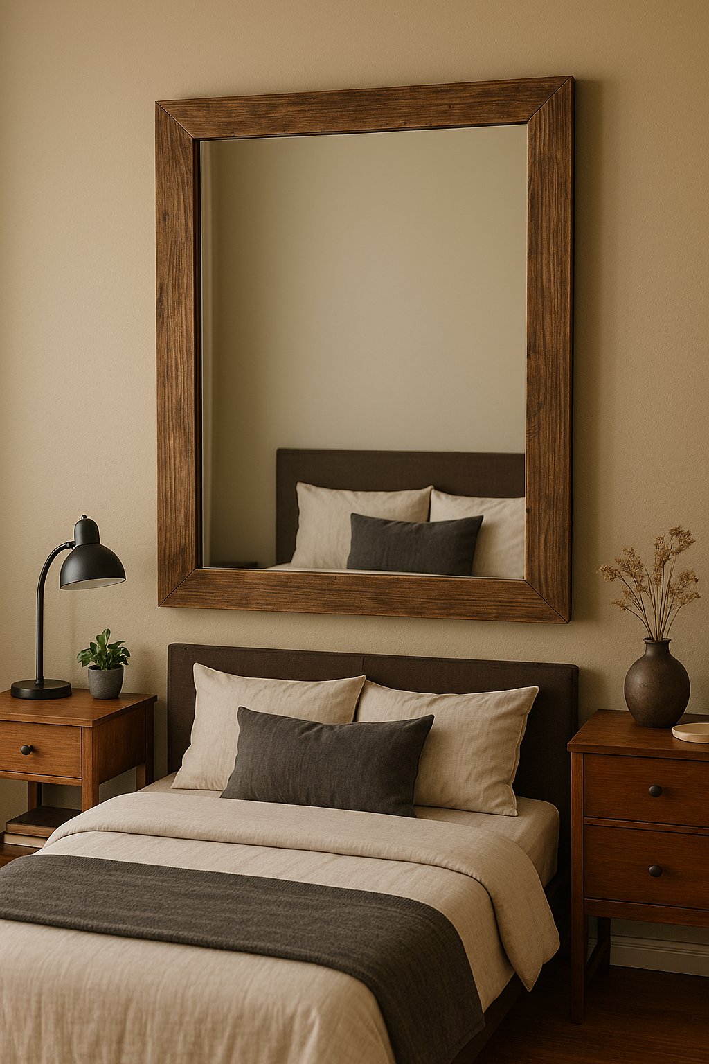 A large framed mirror with a rustic wood frame hangs on the wall in a cozy bedroom