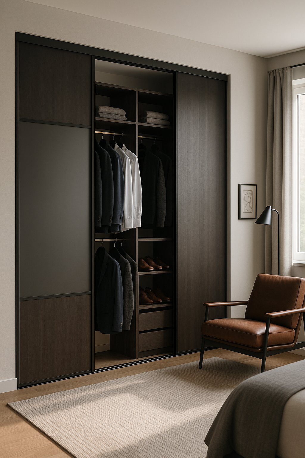 A spacious custom built-in closet with sliding doors in a modern men's bedroom