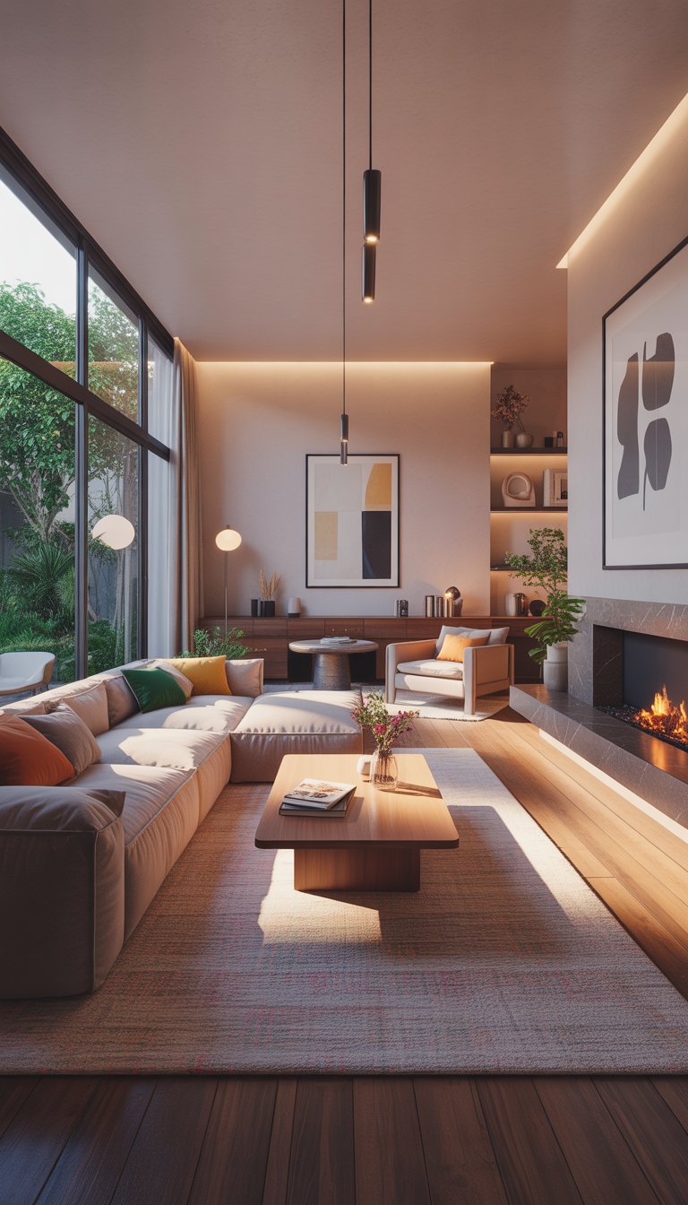 A spacious living room with a large sectional sofa, coffee table, fireplace, shelves with decor, and large windows showing a garden outside.