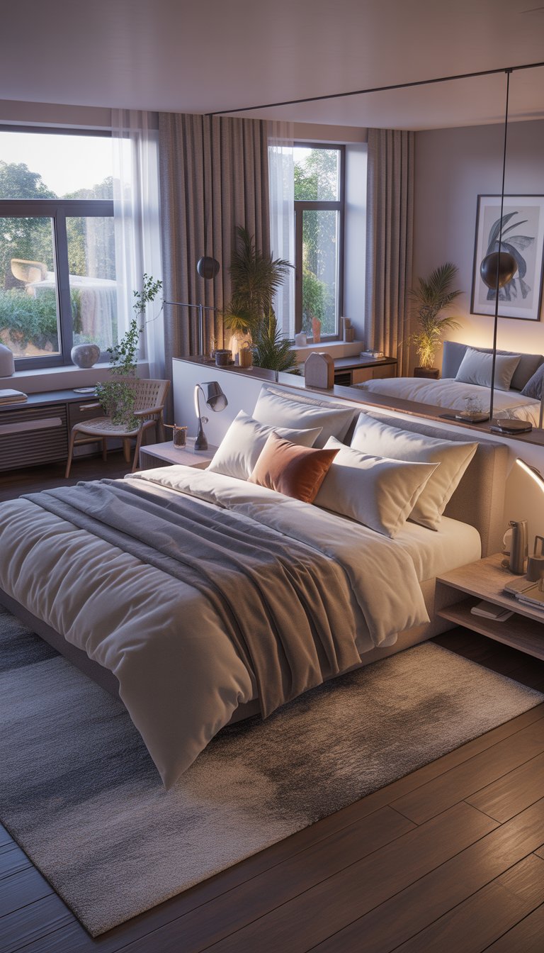 A beautifully arranged bedroom with a large bed, natural light from windows, wooden floor, modern furniture, and decorative plants.
